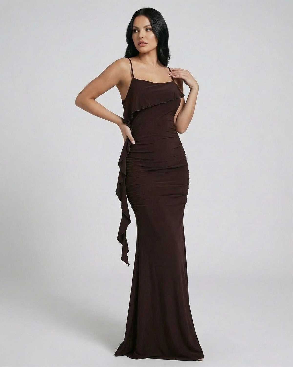 Mocha Maxi Dress by SLIMONA - Sleeveless slip dress with elegant fringe detailing and modern silhouette.