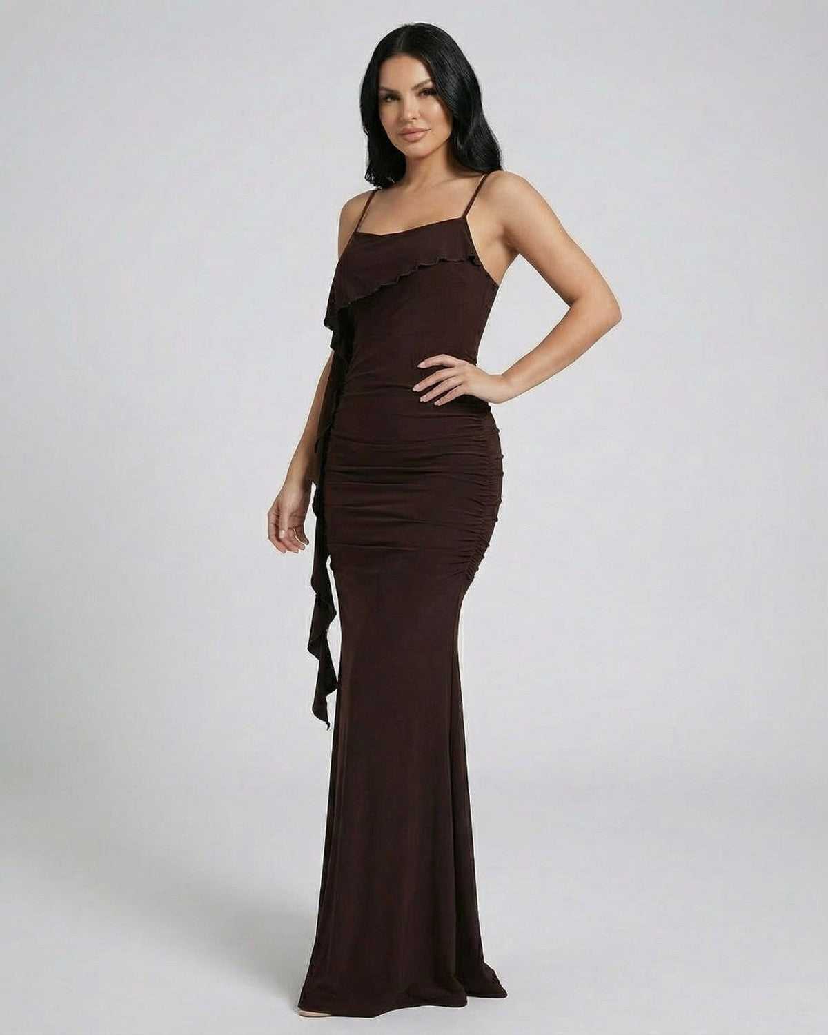 Mocha Maxi Dress by SLIMONA, showcasing a sleek sleeveless design with fringe detail and rich brown hue.