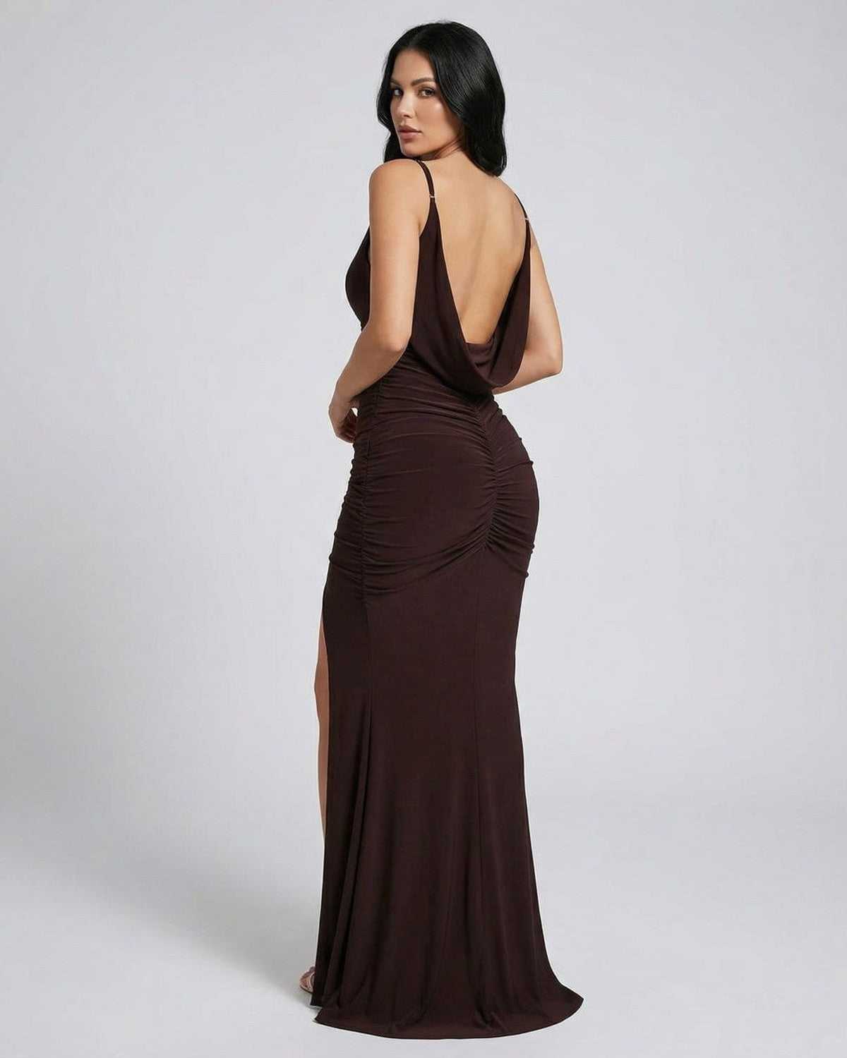 Mocha Maxi Dress by SLIMONA, showcasing a sleek back view with elegant ruching and a modern silhouette.