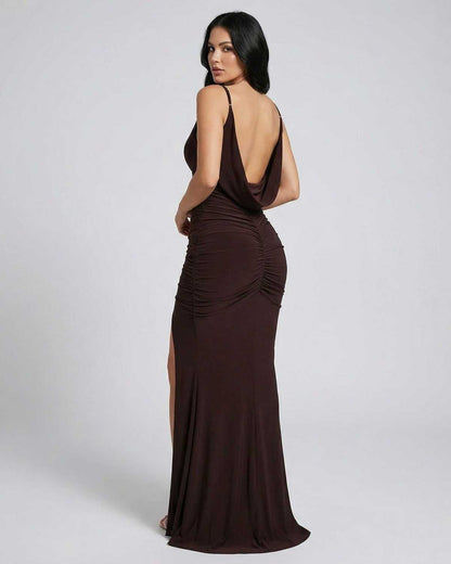 Mocha Maxi Dress by SLIMONA, showcasing a sleek back view with elegant ruching and a modern silhouette.