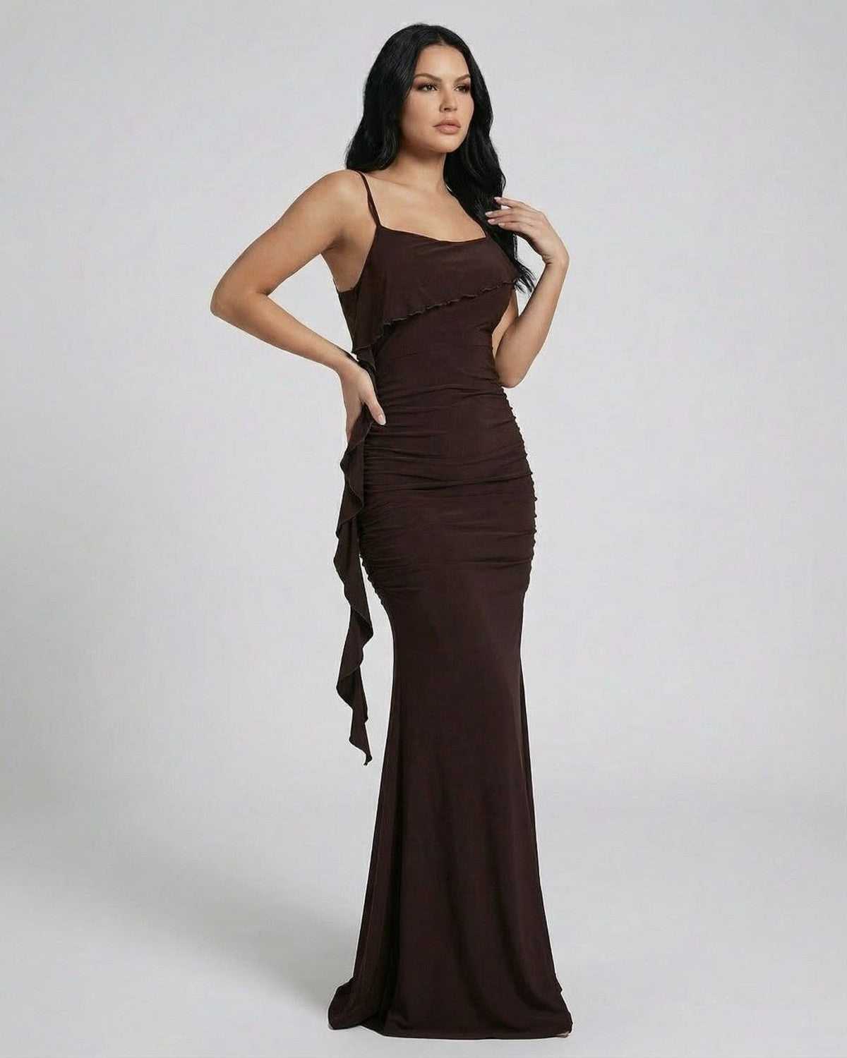 SLIMONA Mocha Maxi Dress - Sleek sleeveless slip dress with elegant fringe and rich brown color.
