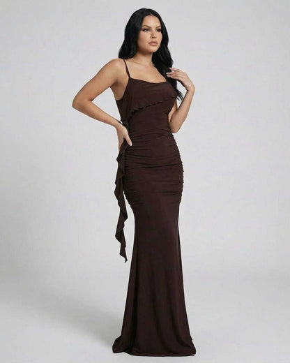 SLIMONA Mocha Maxi Dress - Sleek sleeveless slip dress with elegant fringe and rich brown color.