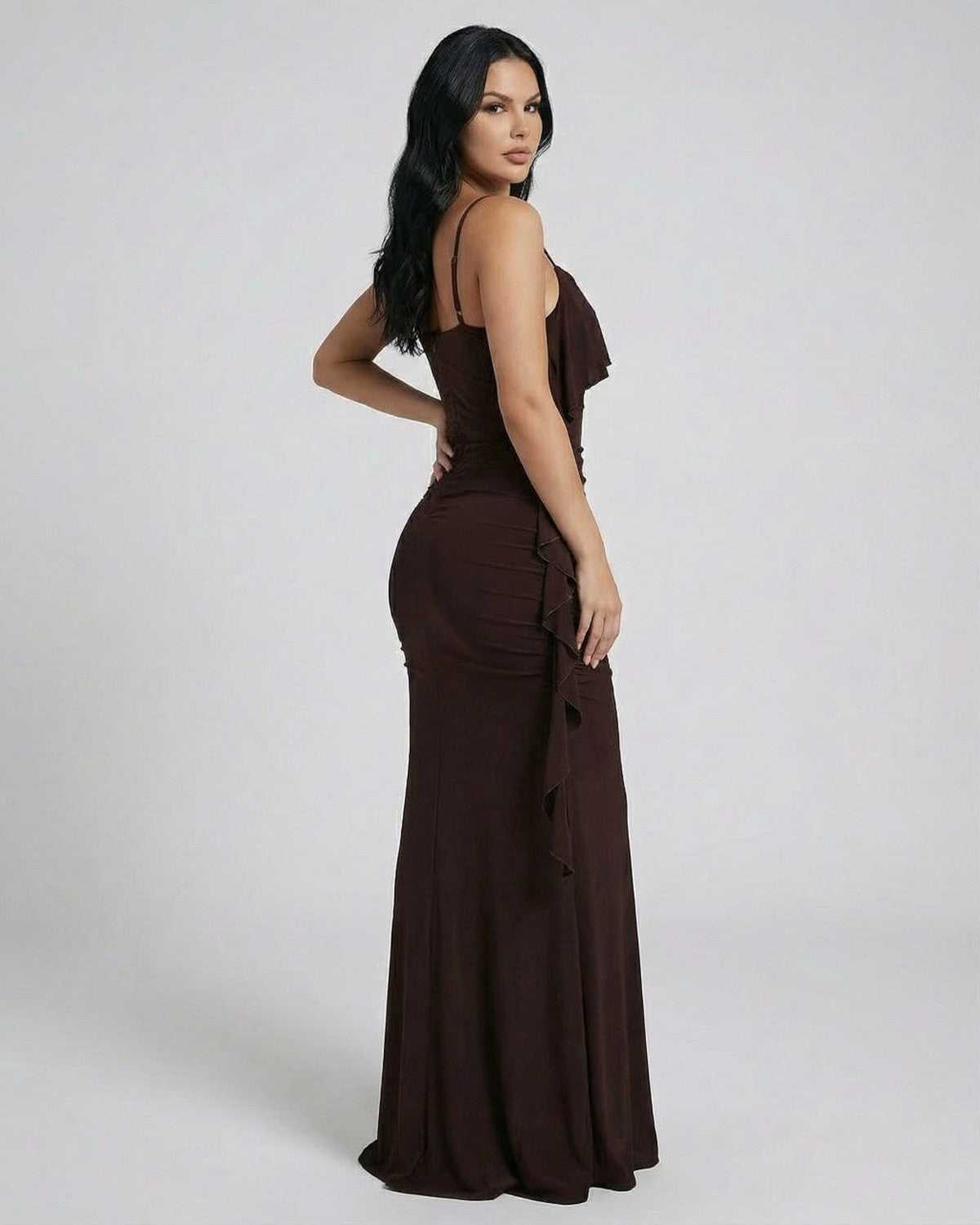 Sleek Mocha Maxi Dress by SLIMONA with fringe detail and sleeveless design, shown from the back.