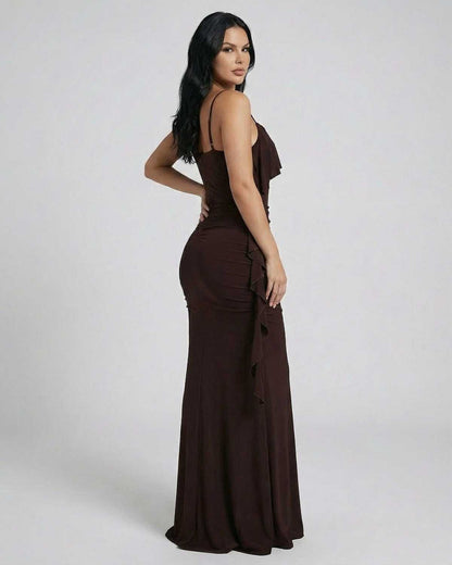 Sleek Mocha Maxi Dress by SLIMONA with fringe detail and sleeveless design, shown from the back.