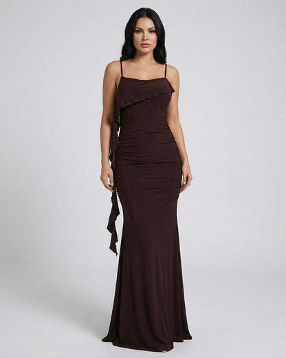 Mocha Maxi Dress by SLIMONA, featuring sleek design, fringe detail, and a rich brown tone for elegant style.