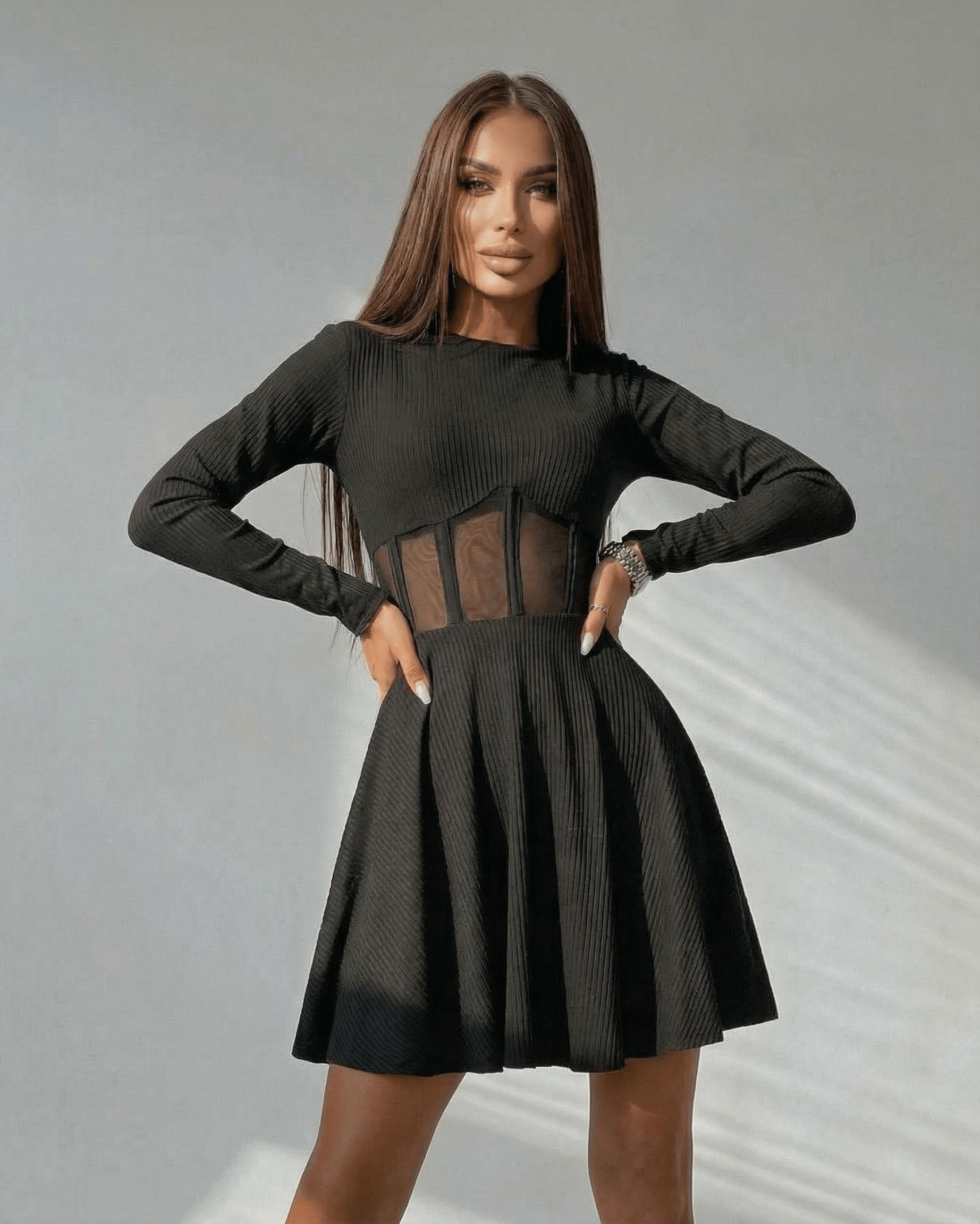 Monaco Mini Dress by Lauven - Black long sleeve A-line mini dress with sheer corset panel.