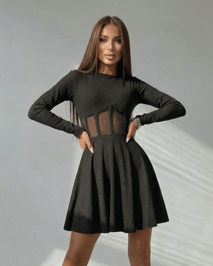 Monaco Mini Dress by Lauven - Black long sleeve A-line mini dress with sheer corset panel.