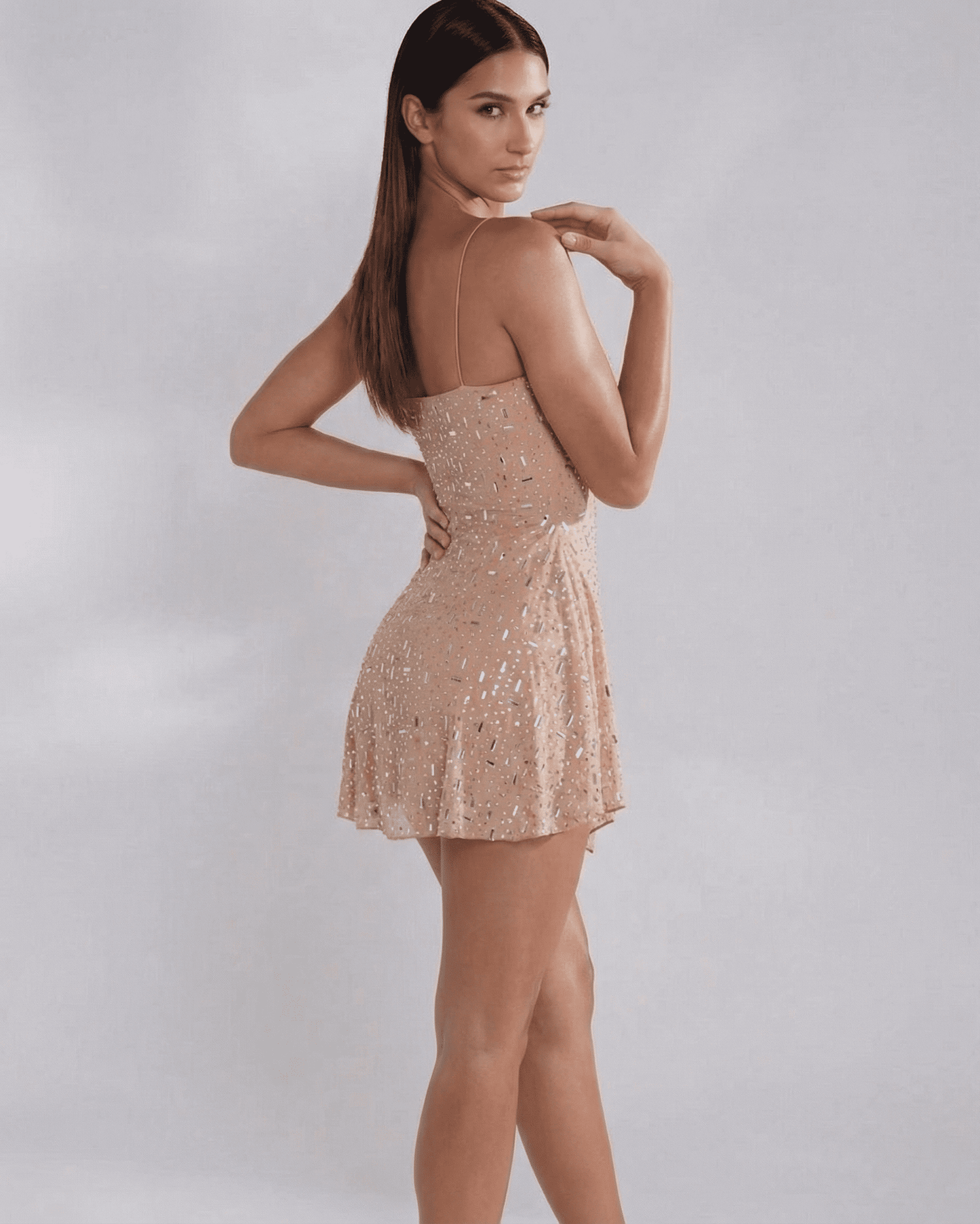 Monaco Mini Dress by SLIMONA, embellished mermaid mini dress with square neckline in soft nude tone.