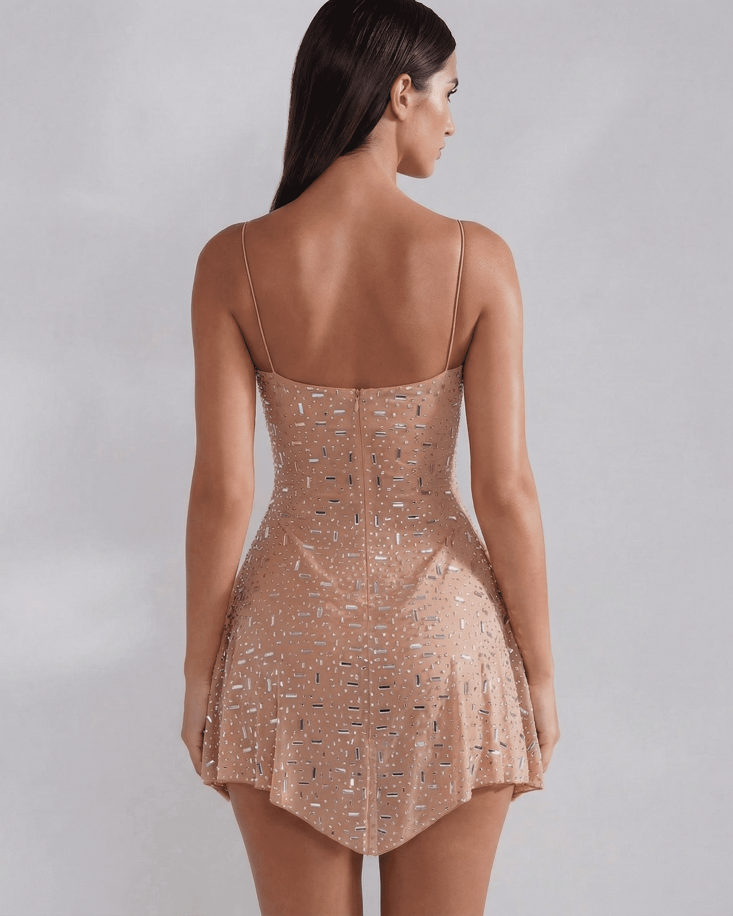 Back view of SLIMONA Monaco Mini Dress featuring embellished mermaid design and structured square neckline.