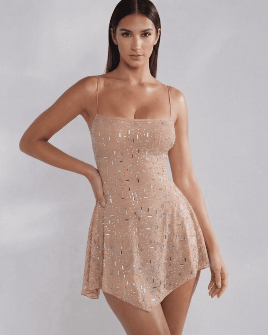 Monaco Mini Dress by SLIMONA, embellished mermaid mini dress with square neckline and spaghetti straps.