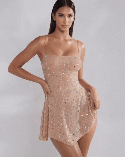 Monaco Mini Dress by SLIMONA - Embellished mermaid style in soft nude with square neckline and spaghetti straps.