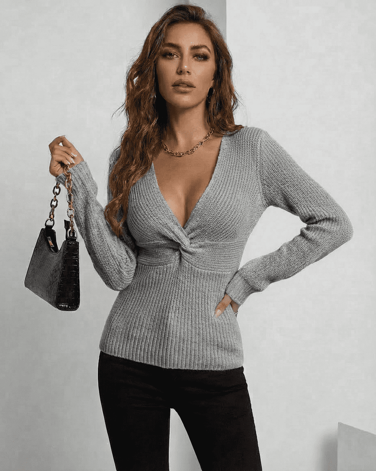 Nerina Pullover by SLIMONA, a chic grey ribbed slim fit V-neck sweater, perfect for layering.