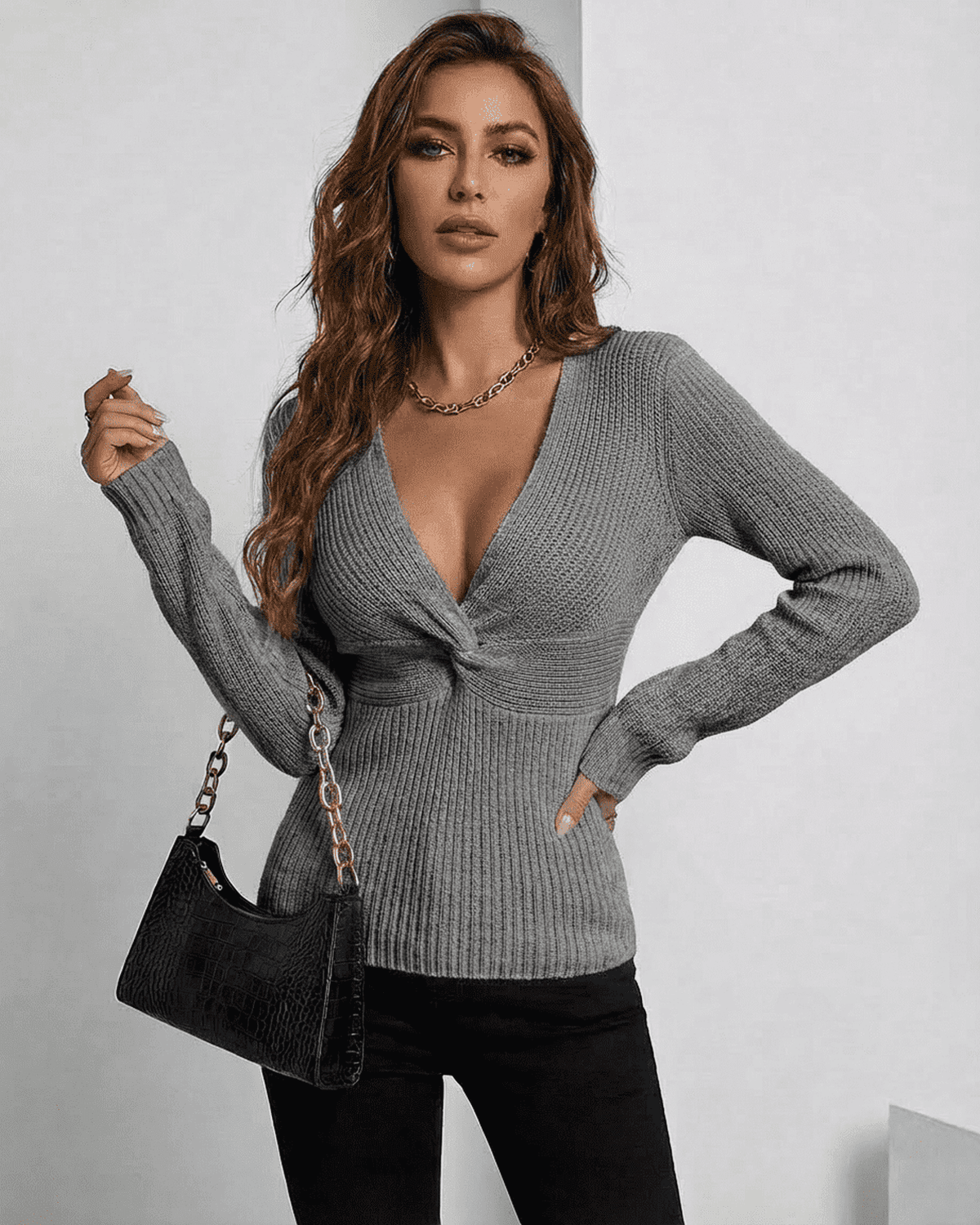 Nerina Pullover by SLIMONA - Elegant grey slim fit V-neck sweater for stylish layering.