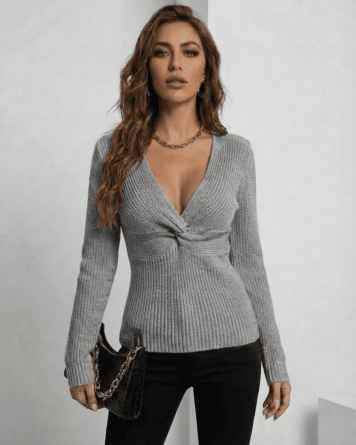 Nerina Pullover by SLIMONA - Elegant grey ribbed slim fit V-neck sweater, perfect for layering.