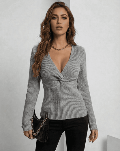 Nerina Pullover by SLIMONA - Elegant grey ribbed slim fit V-neck sweater, perfect for layering.