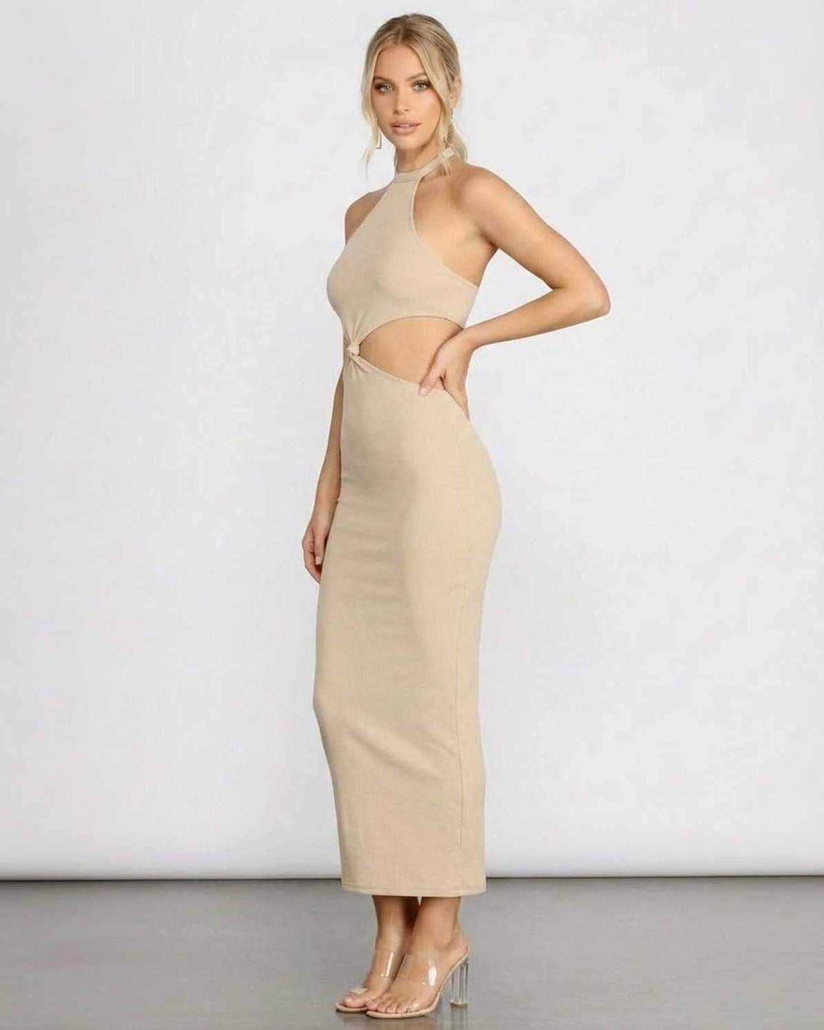 Nina Midi Dress by SLIMONA, showcasing a chic ribbed halter design with trendy cutout details in a modern beige color.