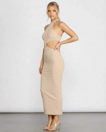 Nina Midi Dress by SLIMONA, showcasing a chic ribbed halter design with trendy cutout details in a modern beige color.
