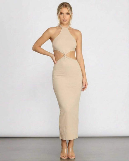 Nina Midi Dress by SLIMONA, chic ribbed halter with cutout details, perfect for summer elegance.