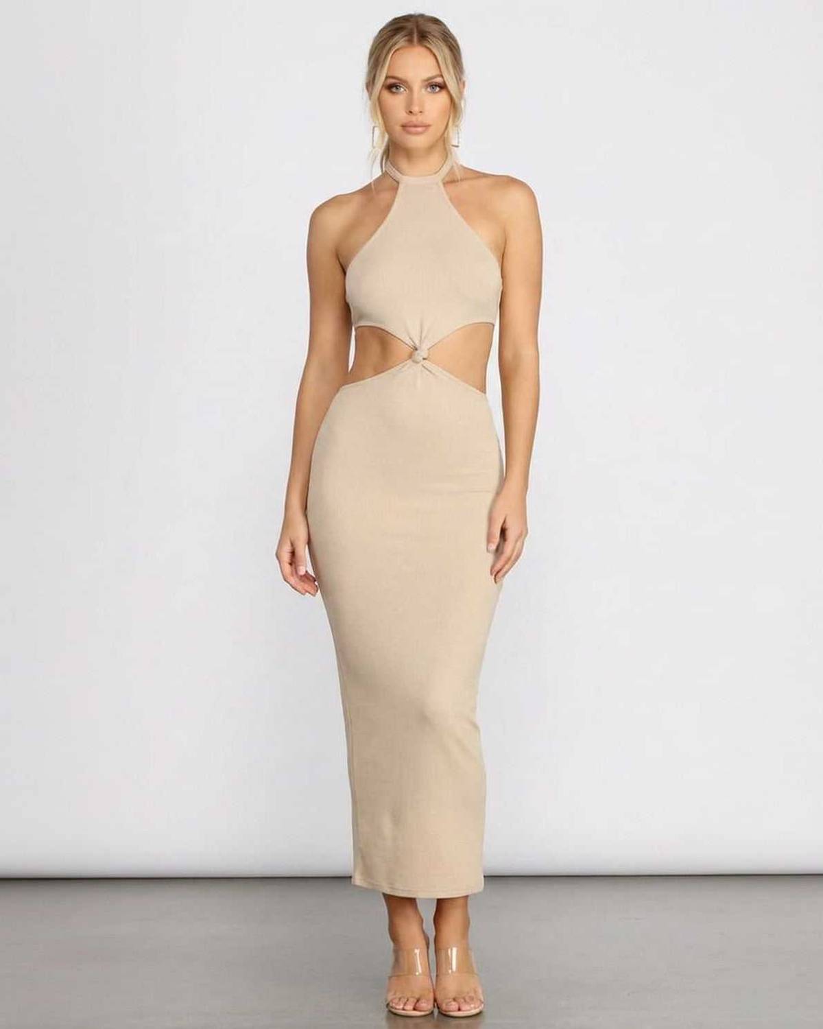 Nina Midi Dress by SLIMONA in a chic ribbed halter style showcasing a stylish cutout design.