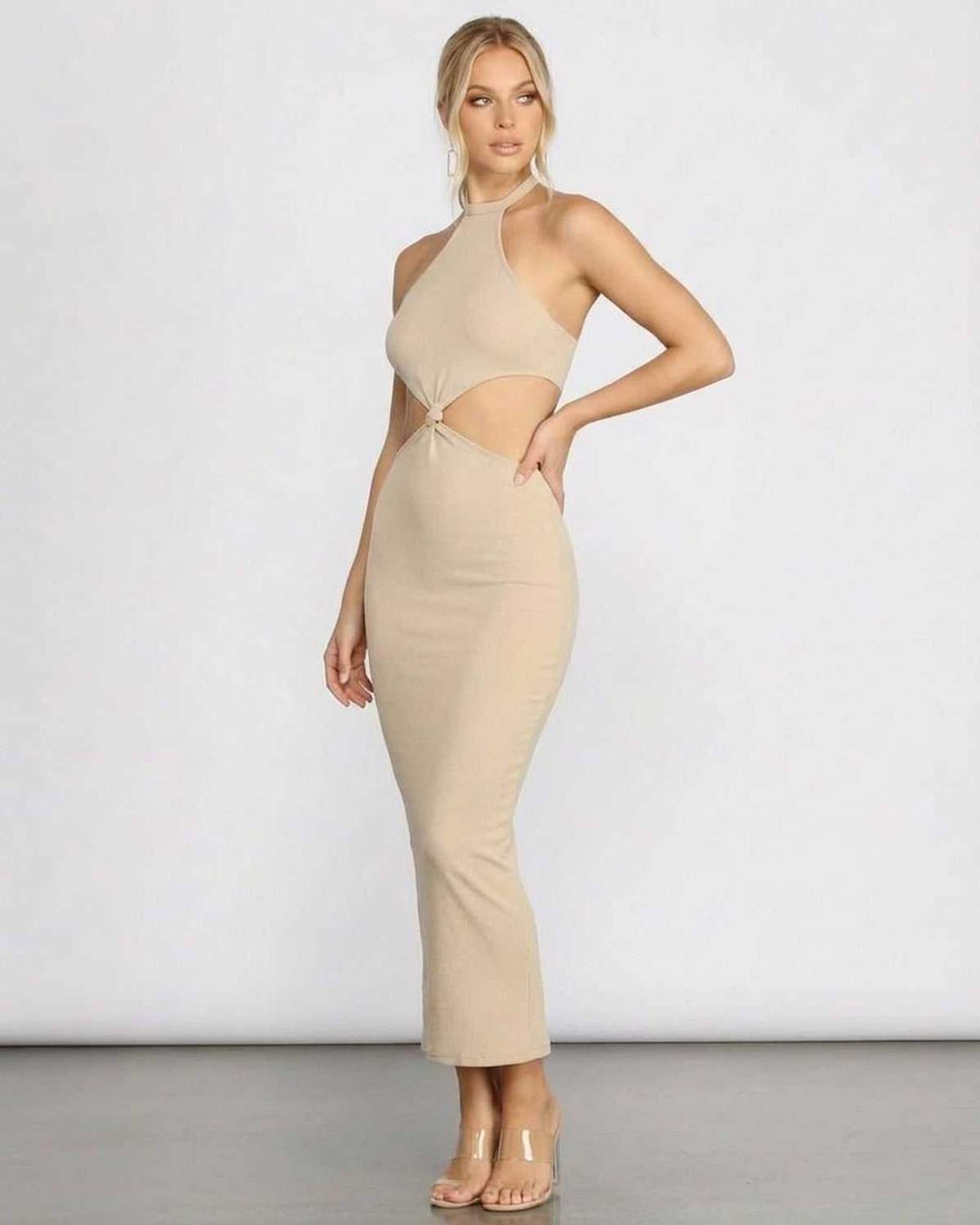 Nina Midi Dress by SLIMONA featuring a chic ribbed halter design and trendy cutout details, perfect for summer elegance.