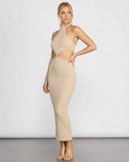 Nina Midi Dress by SLIMONA featuring a chic ribbed halter design and trendy cutout details, perfect for summer elegance.