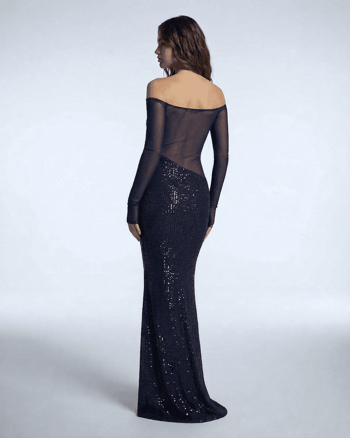 Noctura Maxi Dress by SLIMONA, featuring a stunning back view with midnight blue sequins and sheer mesh panels.
