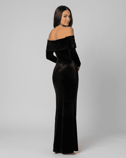 Noctura Maxi Dress by SLIMONA - Elegant off-shoulder bodycon design with long sleeves, perfect for special occasions.
