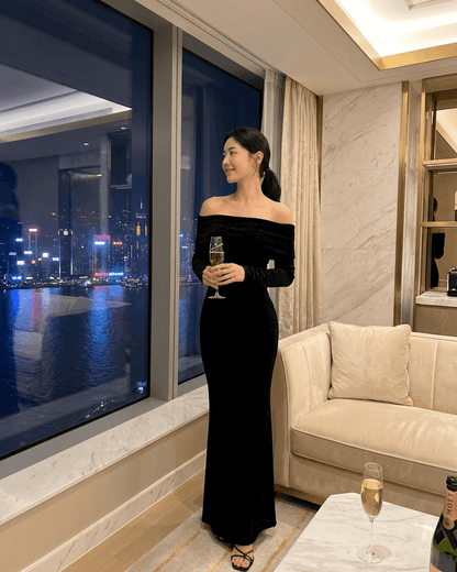 Noctura Maxi Dress by SLIMONA, an elegant off-shoulder bodycon dress perfect for evening events.