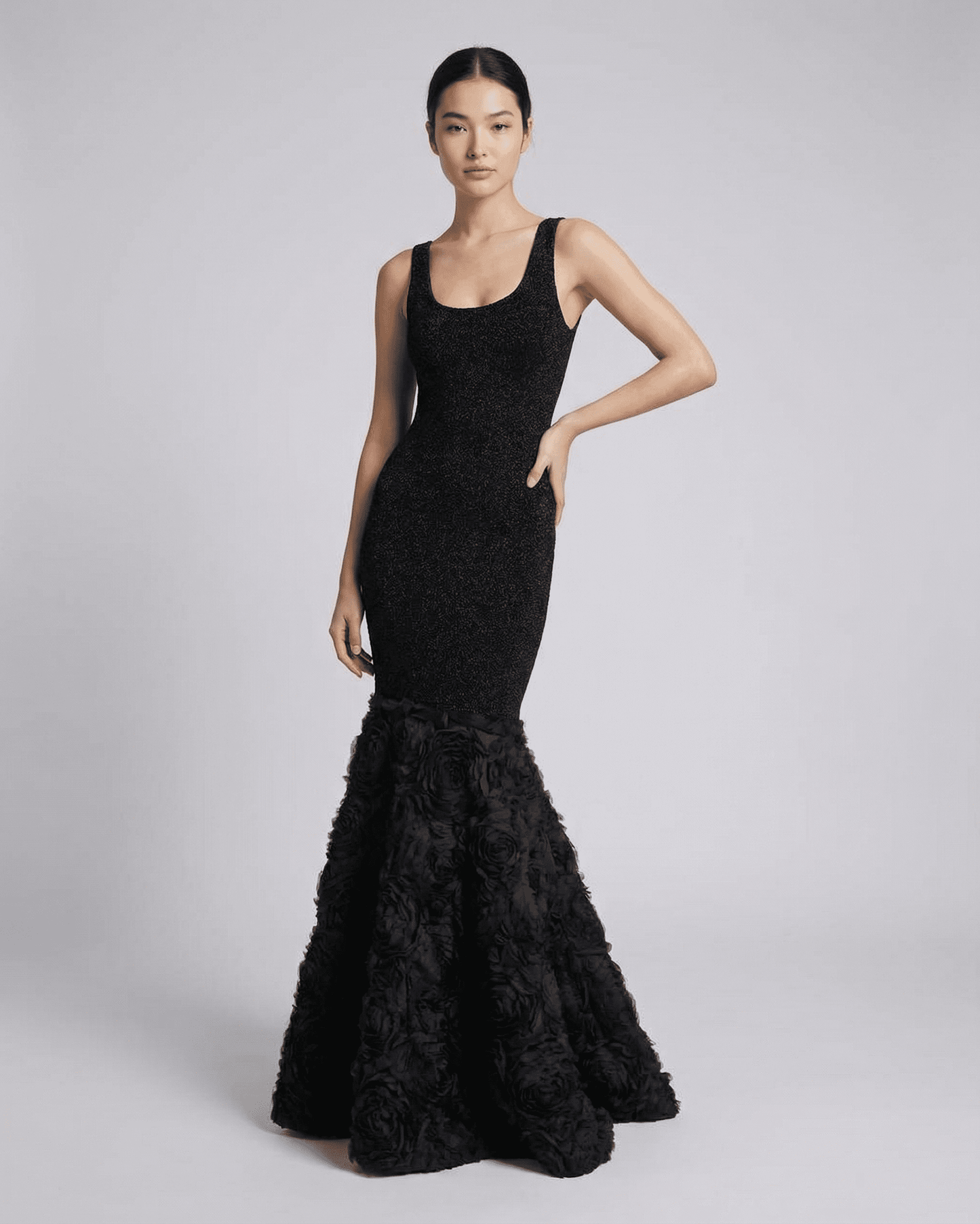 Nocturne Maxi Dress by SLIMONA, featuring a sculpted silhouette and textured hem detail.