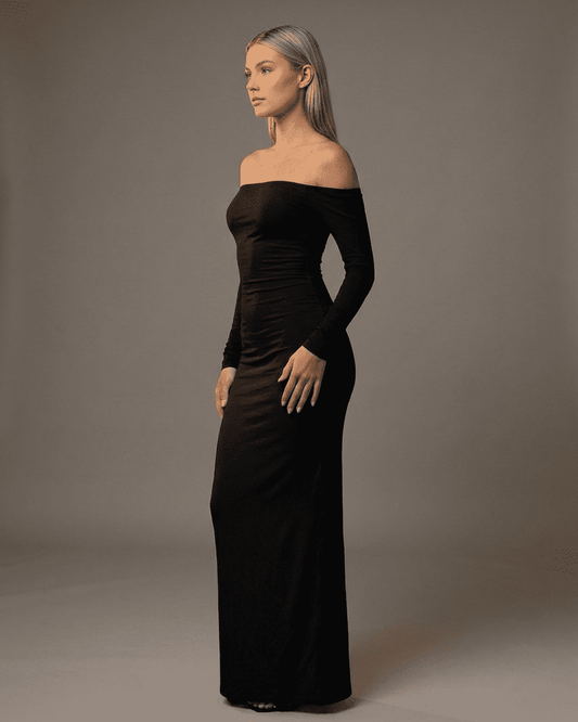 Nocturne Maxi Dress by SLIMONA, off-shoulder slash neck, long sleeves, sleek fit, elegant pencil silhouette.