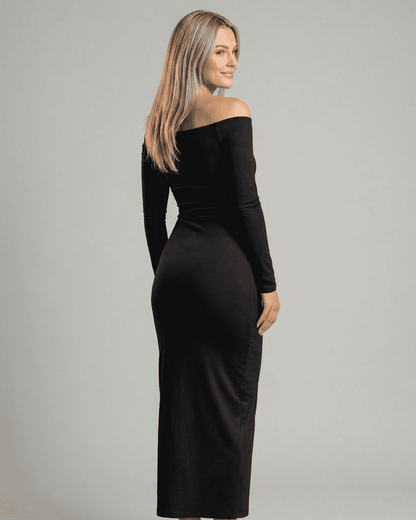 Nocturne Maxi Dress by SLIMONA, showcasing an off-shoulder design with long sleeves in a stylish silhouette.