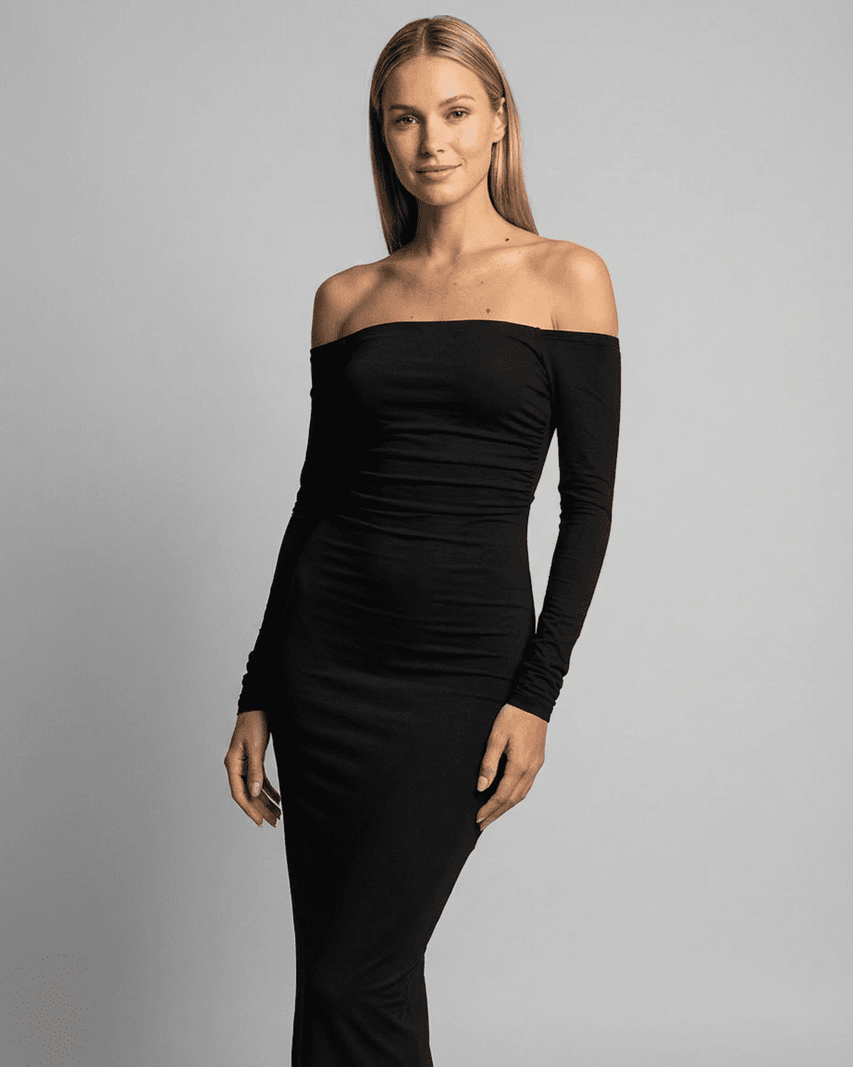 Nocturne Maxi Dress by SLIMONA, featuring an off-shoulder design and long sleeves in elegant black.