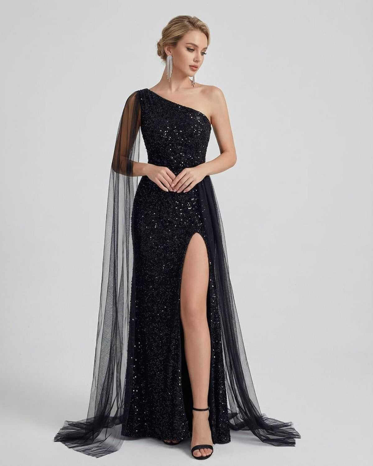 Nocturne Maxi Dress by SLIMONA - One shoulder sequin black maxi dress with sheer mesh drape and thigh-high slit.