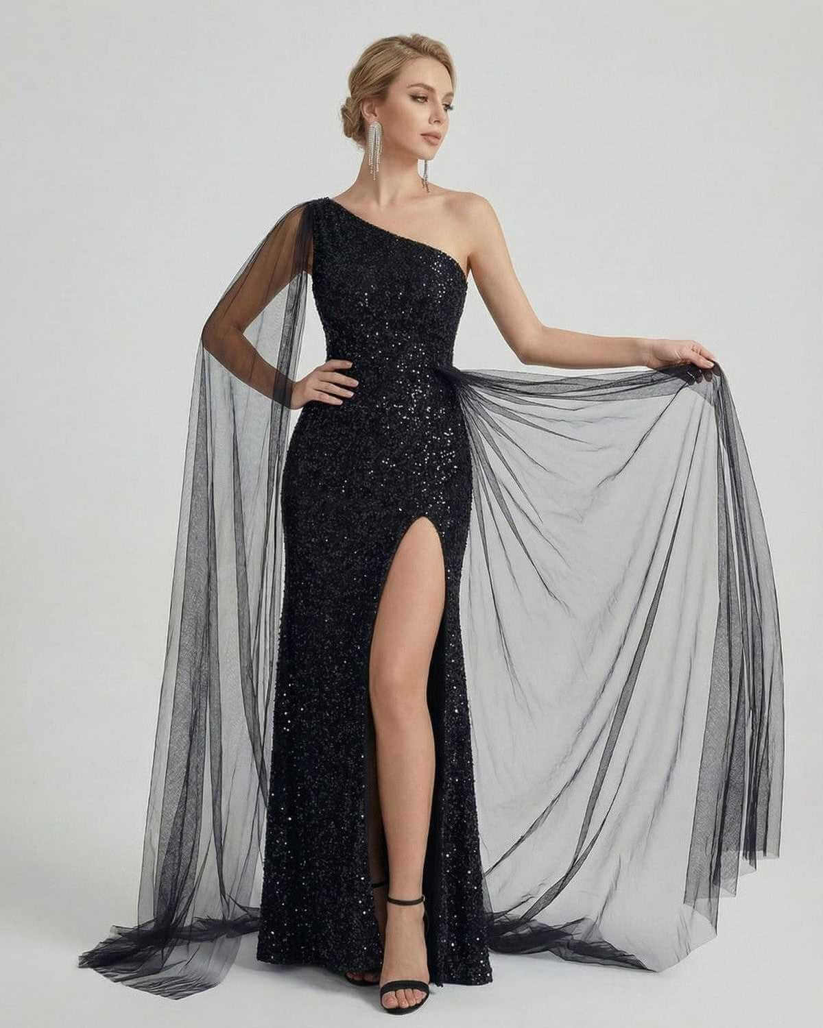 Nocturne Maxi Dress by SLIMONA - One shoulder black sequin maxi dress with sheer mesh drape and a stylish slit.