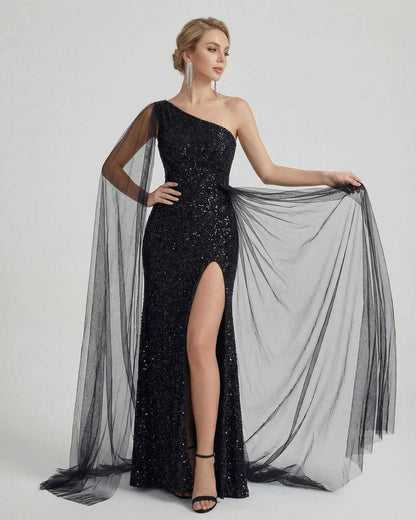 Nocturne Maxi Dress by SLIMONA - One shoulder black sequin maxi dress with sheer mesh drape and a stylish slit.