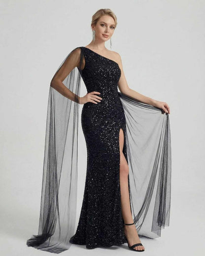Nocturne Maxi Dress by SLIMONA, featuring a one shoulder sequin design with sheer mesh drape and side slit.
