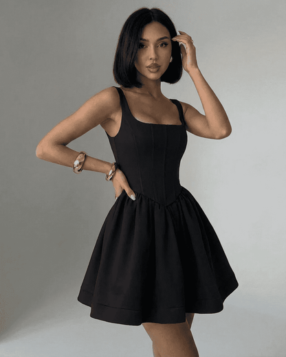 Nocturne Mini Dress by SLIMONA - Black structured corset mini with square neckline and tailored silhouette.