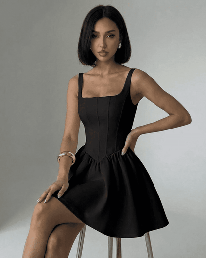 Nocturne Mini Dress by SLIMONA featuring a black structured corset design and square neckline.
