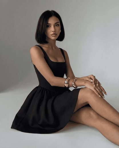 Nocturne Mini Dress by SLIMONA, black corset mini dress with structured design and square neckline.