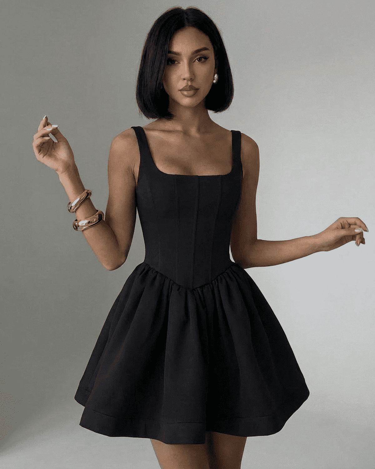 Nocturne Mini Dress by SLIMONA. Black structured corset mini dress with square neckline and sculptural design.