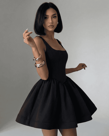 Nocturne Mini Dress by SLIMONA — Black structured corset mini dress with square neckline, showcasing refined silhouette.