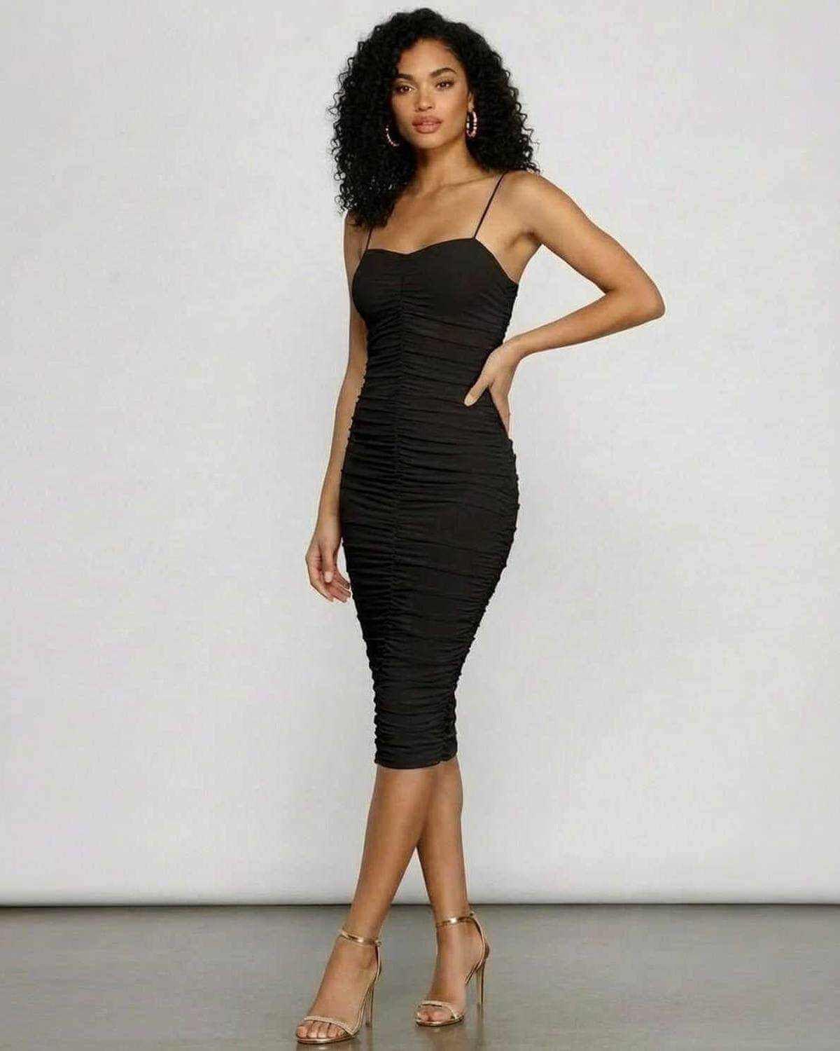 Noctyra Midi Dress by SLIMONA featuring a sweetheart neckline and all-over ruched design for a form-hugging fit.