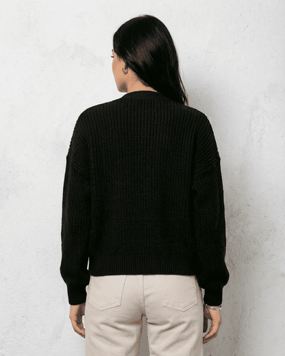 Back view of Noir Cardigan by SLIMONA, showcasing its cozy knit texture and classic cut.