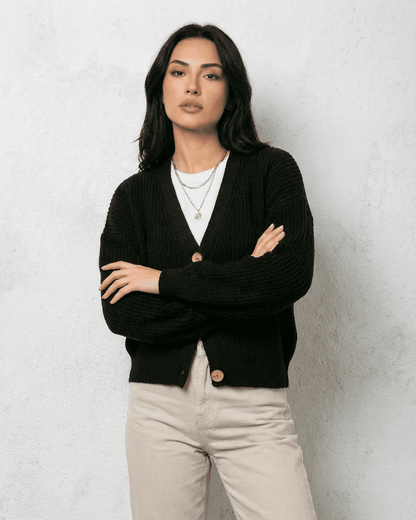 Noir Cardigan by SLIMONA - Stylish black knitwear with V-neck and button detail, perfect for winter. 
