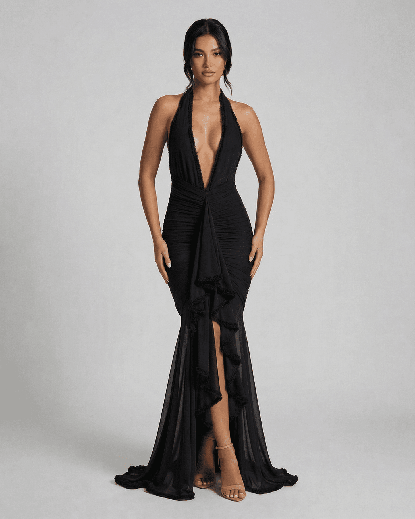 Noir Maxi Dress by SLIMONA - Elegant black ruched maxi slip dress with lace trim and plunging neckline.