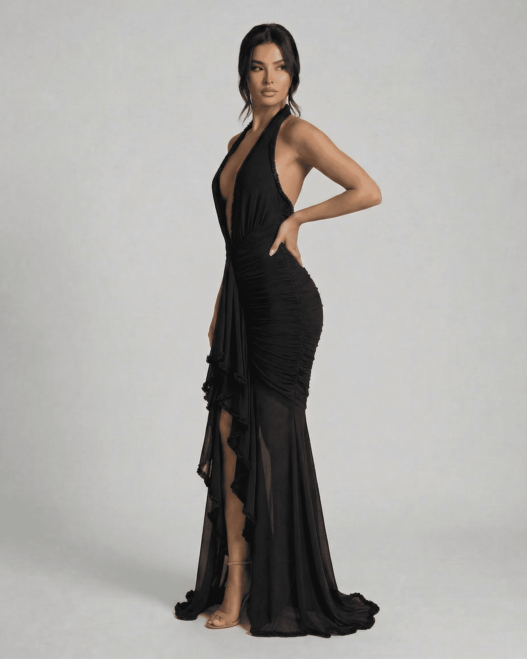 Noir Maxi Dress by SLIMONA - Black Ruched Maxi Slip Dress with Lace Trim for elegant evening wear.
