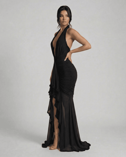 Noir Maxi Dress by SLIMONA - Black Ruched Maxi Slip Dress with Lace Trim for elegant evening wear.