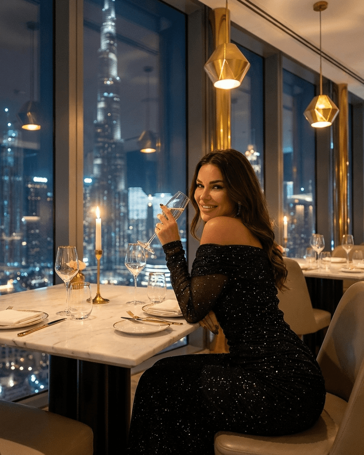 Noir Maxi Dress worn by a woman in an elegant dining setting, showcasing off-the-shoulder style and sheer mesh sleeves.