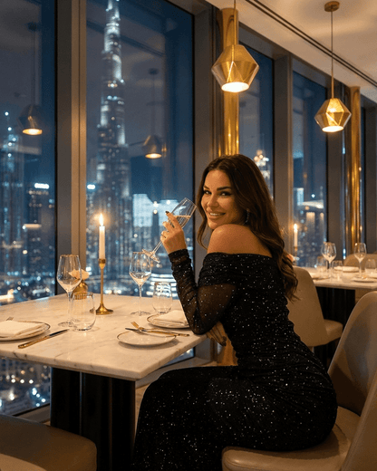 Noir Maxi Dress worn by a woman in an elegant dining setting, showcasing off-the-shoulder style and sheer mesh sleeves.