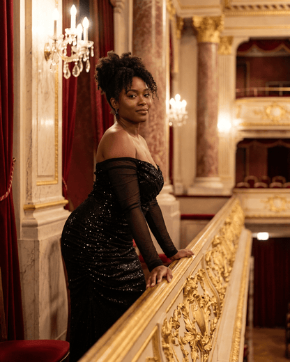 Noir Maxi Dress by SLIMONA, elegant off-the-shoulder mesh gown with sequins, perfect for evening events.